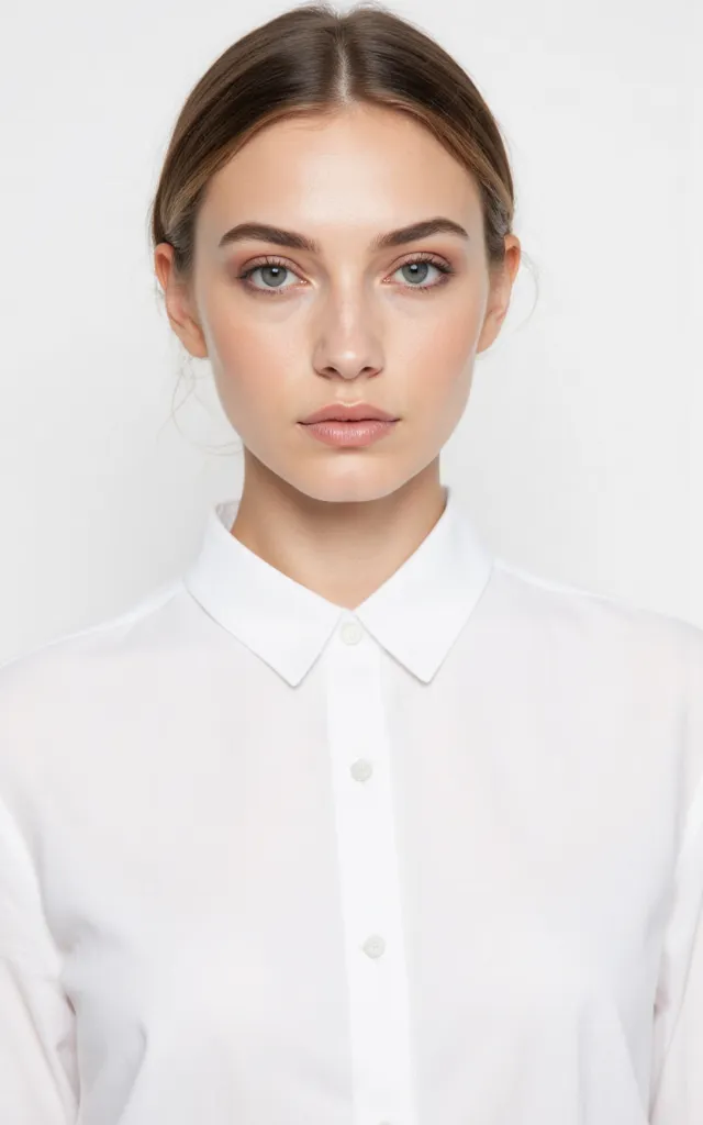 A French female model with a Bridal makeup style, wearing a shirt, against a white background, in a front   facing bust portrait